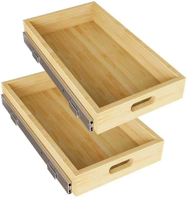 Main image of 2 Set Pull Out Cabinet Organizer, Soft Close Slide Out Wood Drawer Storage Shelves for Kitchen, Base Cabinet Organization for Pantry, Finished, Heavy-Duty, Bottom Assembly (12 W x 21 D)