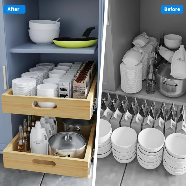 Alt view image 4 of 7 - 2 Set Pull Out Cabinet Organizer, Soft Close Slide Out Wood Drawer Storage Shelves for Kitchen, Base Cabinet Organization for Pantry, Finished, Heavy-Duty, Bottom Assembly (12 W x 21 D)