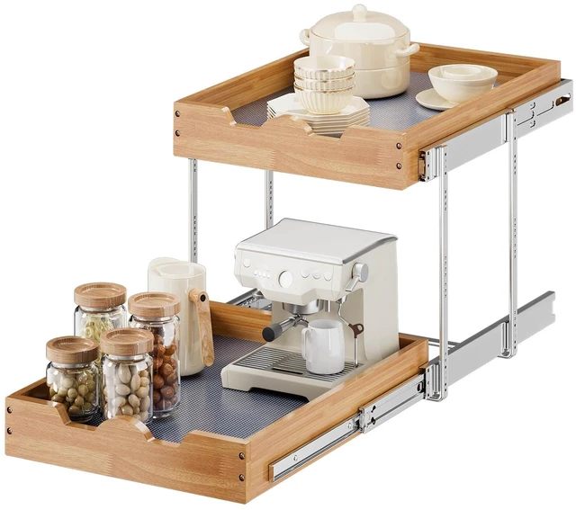 Main image of 2 Tier Pull Out Cabinet Organizer (17"W x 21"D), Double Tier Slide out Wood Drawer Shelf, Pull Out Shelves for Base Cabinet Organization in Kitchen, Pantry, Bathroom