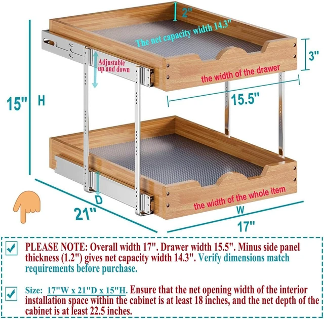 Alt view image 2 of 7 - 2 Tier Pull Out Cabinet Organizer (17"W x 21"D), Double Tier Slide out Wood Drawer Shelf, Pull Out Shelves for Base Cabinet Organization in Kitchen, Pantry, Bathroom