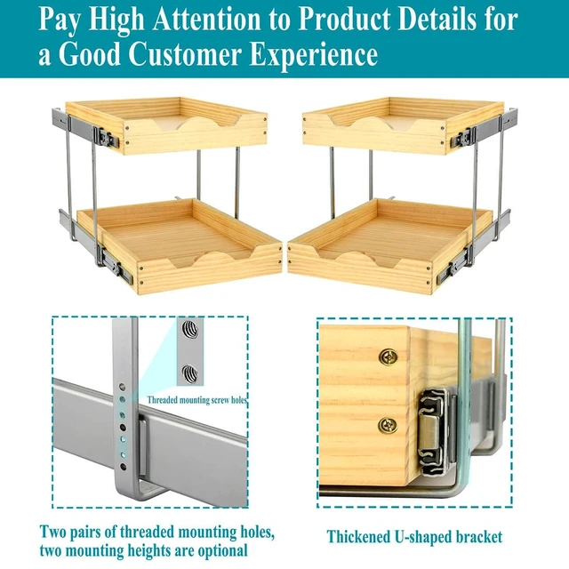 Alt view image 3 of 7 - 2 Tier Pull Out Cabinet Organizer (17"W x 21"D), Double Tier Slide out Wood Drawer Shelf, Pull Out Shelves for Base Cabinet Organization in Kitchen, Pantry, Bathroom