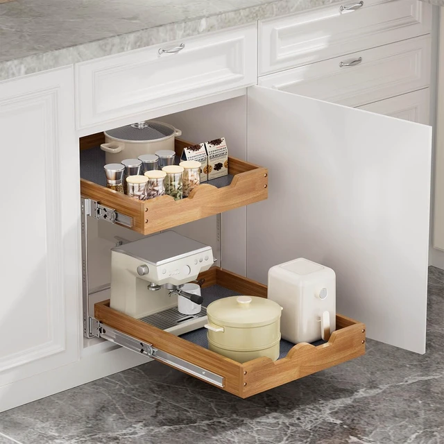 Alt view image 5 of 7 - 2 Tier Pull Out Cabinet Organizer (17"W x 21"D), Double Tier Slide out Wood Drawer Shelf, Pull Out Shelves for Base Cabinet Organization in Kitchen, Pantry, Bathroom