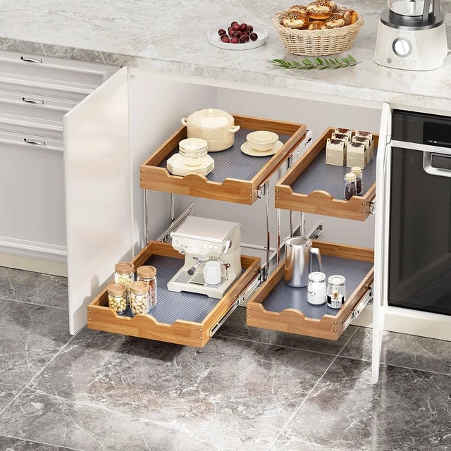 Alt view image 6 of 7 - 2 Tier Pull Out Cabinet Organizer (17"W x 21"D), Double Tier Slide out Wood Drawer Shelf, Pull Out Shelves for Base Cabinet Organization in Kitchen, Pantry, Bathroom