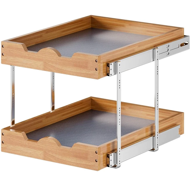 Alt view image 7 of 7 - 2 Tier Pull Out Cabinet Organizer (17"W x 21"D), Double Tier Slide out Wood Drawer Shelf, Pull Out Shelves for Base Cabinet Organization in Kitchen, Pantry, Bathroom