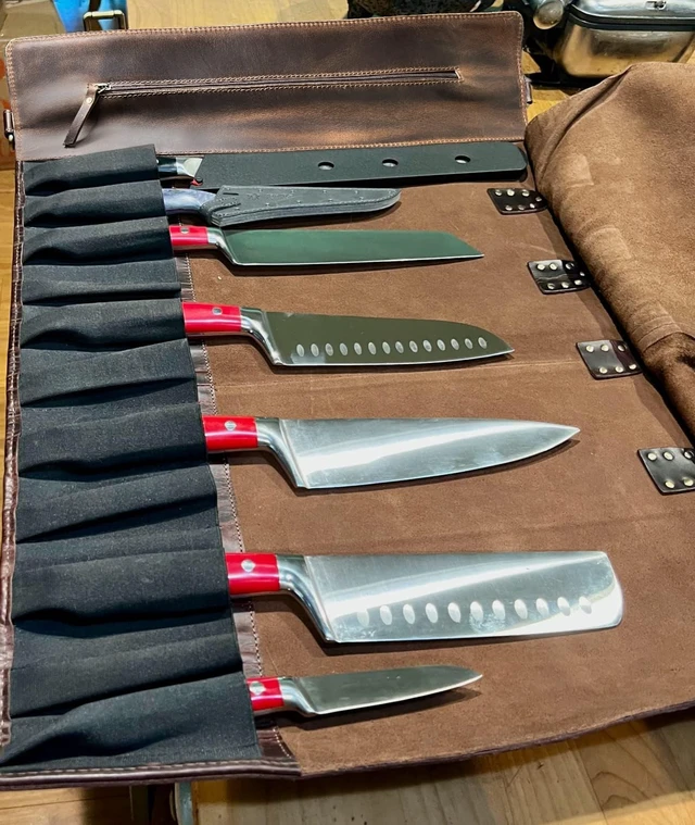 Alt view image 4 of 7 - Leather Chef Knife Roll Bag - Expandable 11 Pockets with Tool Pouch, Brown | Full-Grain Leather Travel Chef Case; Detachable Adjustable Shoulder Strap; Easy-Carry Handle; Brass Hardware