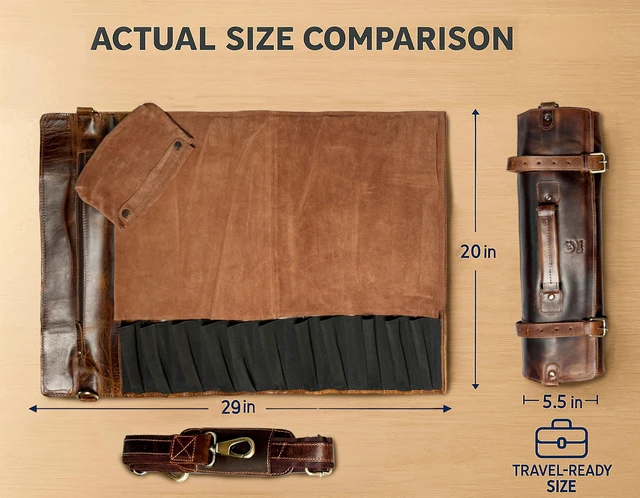 Alt view image 2 of 7 - Leather Chef Knife Roll Bag - Expandable 11 Pockets with Tool Pouch, Brown | Full-Grain Leather Travel Chef Case; Detachable Adjustable Shoulder Strap; Easy-Carry Handle; Brass Hardware