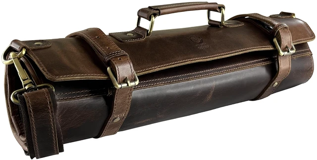 Main image of Leather Chef Knife Roll Bag - Expandable 11 Pockets with Tool Pouch, Brown | Full-Grain Leather Travel Chef Case; Detachable Adjustable Shoulder Strap; Easy-Carry Handle; Brass Hardware