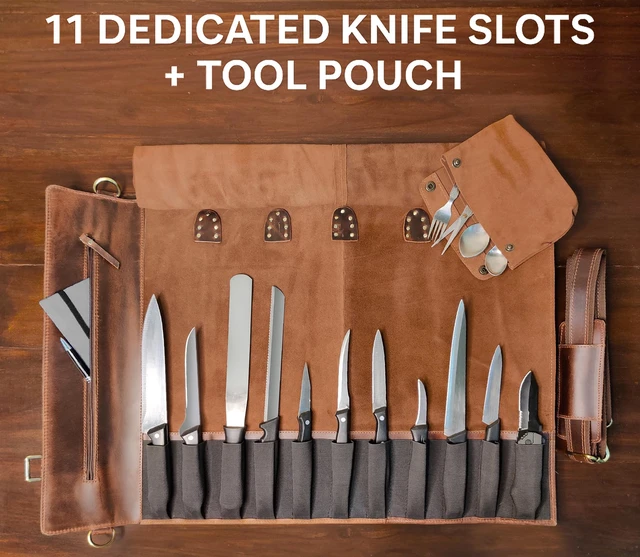 Alt view image 5 of 7 - Leather Chef Knife Roll Bag - Expandable 11 Pockets with Tool Pouch, Brown | Full-Grain Leather Travel Chef Case; Detachable Adjustable Shoulder Strap; Easy-Carry Handle; Brass Hardware