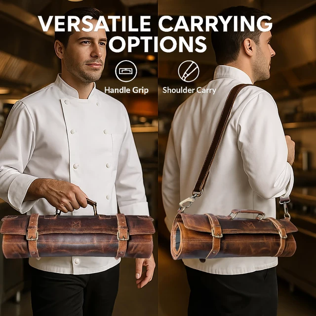 Alt view image 7 of 7 - Leather Chef Knife Roll Bag - Expandable 11 Pockets with Tool Pouch, Brown | Full-Grain Leather Travel Chef Case; Detachable Adjustable Shoulder Strap; Easy-Carry Handle; Brass Hardware