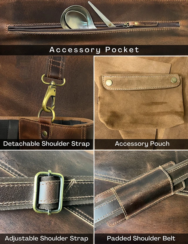 Alt view image 3 of 7 - Leather Chef Knife Roll Bag - Expandable 11 Pockets with Tool Pouch, Brown | Full-Grain Leather Travel Chef Case; Detachable Adjustable Shoulder Strap; Easy-Carry Handle; Brass Hardware