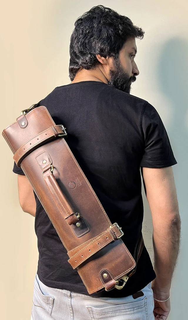 Alt view image 6 of 7 - Leather Chef Knife Roll Bag - Expandable 11 Pockets with Tool Pouch, Brown | Full-Grain Leather Travel Chef Case; Detachable Adjustable Shoulder Strap; Easy-Carry Handle; Brass Hardware
