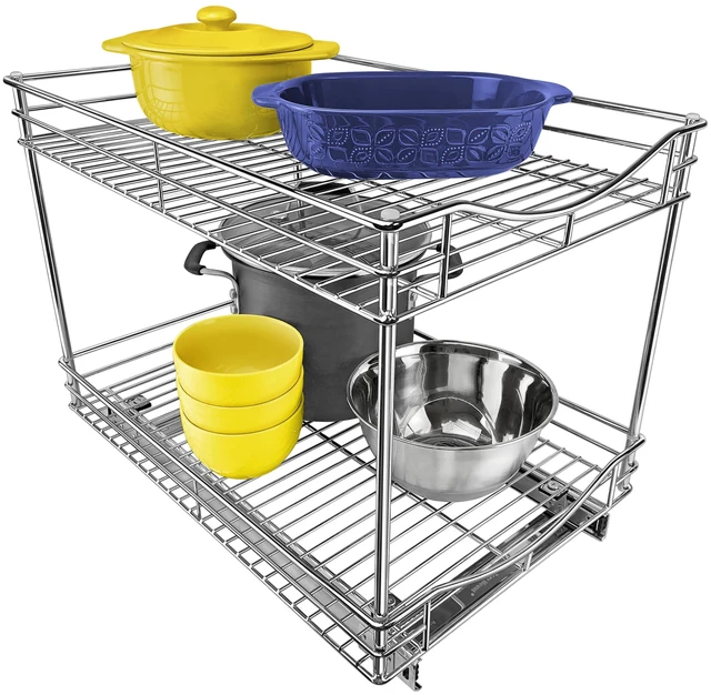 Main image of Pull Out Cabinet Organizer, 2-Tier Slide Out Drawer | 14W x 21D chrome 2-Tier pull-out shelves add easy-access storage for pots, pans, cookware and kitchen essentials in cabinets