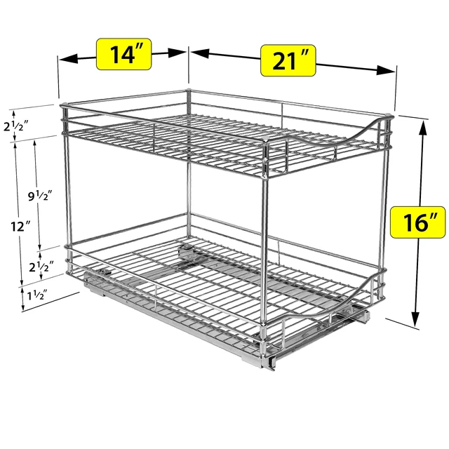 Alt view image 5 of 5 - Pull Out Cabinet Organizer, 2-Tier Slide Out Drawer | 14W x 21D chrome 2-Tier pull-out shelves add easy-access storage for pots, pans, cookware and kitchen essentials in cabinets