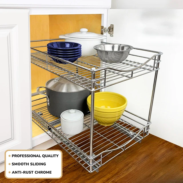 Alt view image 2 of 5 - Pull Out Cabinet Organizer, 2-Tier Slide Out Drawer | 14W x 21D chrome 2-Tier pull-out shelves add easy-access storage for pots, pans, cookware and kitchen essentials in cabinets