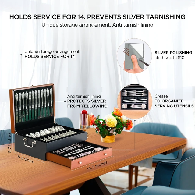 Alt view image 2 of 7 - Silverware Storage Box Silverware Chest Case for Silver Flatware with Lid | Serves 14 With Tarnish Proof Dual Tone Outer Finish Felt Lining Inside and Drawer Includes Silver Polishing Cloth