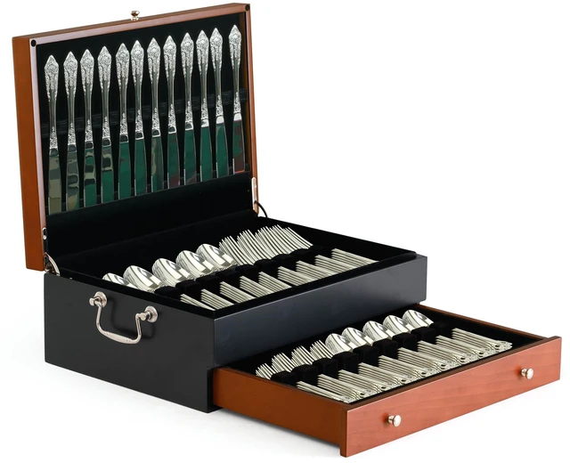 Main image of Silverware Storage Box Silverware Chest Case for Silver Flatware with Lid | Serves 14 With Tarnish Proof Dual Tone Outer Finish Felt Lining Inside and Drawer Includes Silver Polishing Cloth