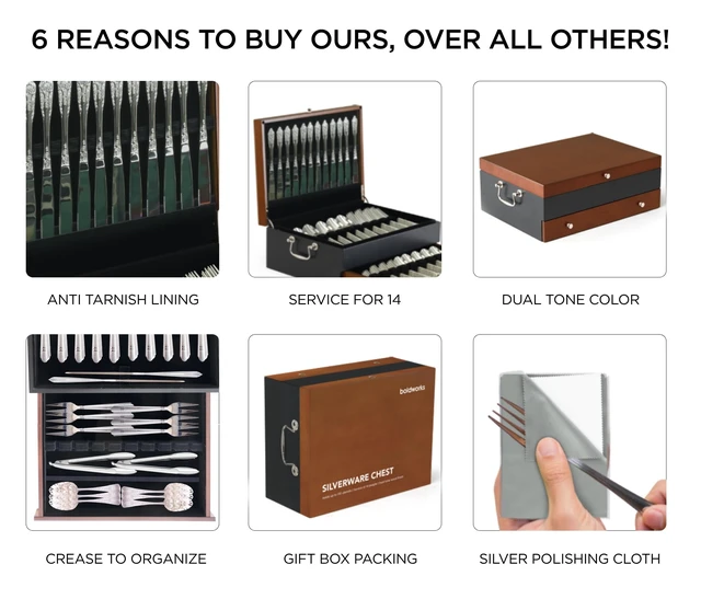 Alt view image 6 of 7 - Silverware Storage Box Silverware Chest Case for Silver Flatware with Lid | Serves 14 With Tarnish Proof Dual Tone Outer Finish Felt Lining Inside and Drawer Includes Silver Polishing Cloth
