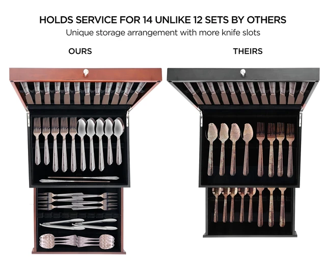 Alt view image 4 of 7 - Silverware Storage Box Silverware Chest Case for Silver Flatware with Lid | Serves 14 With Tarnish Proof Dual Tone Outer Finish Felt Lining Inside and Drawer Includes Silver Polishing Cloth