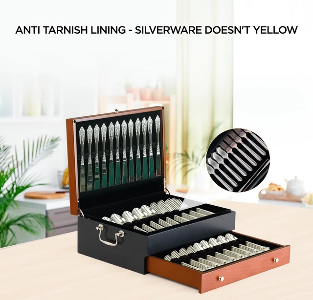 Alt view image 3 of 7 - Silverware Storage Box Silverware Chest Case for Silver Flatware with Lid | Serves 14 With Tarnish Proof Dual Tone Outer Finish Felt Lining Inside and Drawer Includes Silver Polishing Cloth