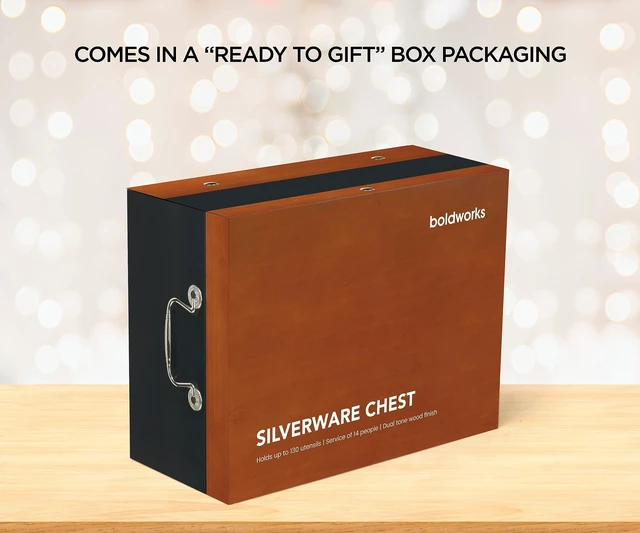 Alt view image 7 of 7 - Silverware Storage Box Silverware Chest Case for Silver Flatware with Lid | Serves 14 With Tarnish Proof Dual Tone Outer Finish Felt Lining Inside and Drawer Includes Silver Polishing Cloth