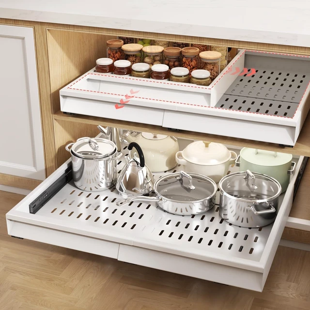 Main image of Pull Out Cabinet Organizer, 4-Side Expandable to Fit Most Cabinets, 3 Rail Slide Out Drawers with Raising Pad for Framed & Frameless Cabinets, 15"-25" W x 17"-24" D, White, 2 Pack