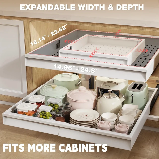 Alt view image 2 of 7 - Pull Out Cabinet Organizer, 4-Side Expandable to Fit Most Cabinets, 3 Rail Slide Out Drawers with Raising Pad for Framed & Frameless Cabinets, 15"-25" W x 17"-24" D, White, 2 Pack