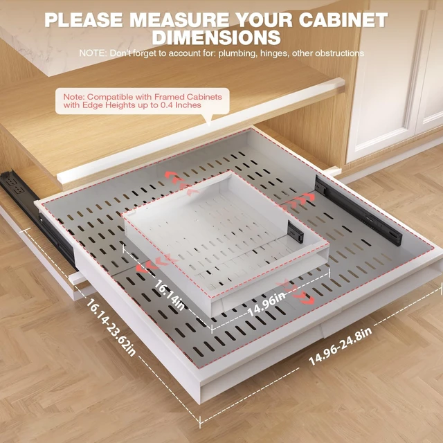 Alt view image 3 of 7 - Pull Out Cabinet Organizer, 4-Side Expandable to Fit Most Cabinets, 3 Rail Slide Out Drawers with Raising Pad for Framed & Frameless Cabinets, 15"-25" W x 17"-24" D, White, 2 Pack