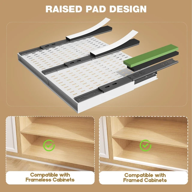 Alt view image 4 of 7 - Pull Out Cabinet Organizer, 4-Side Expandable to Fit Most Cabinets, 3 Rail Slide Out Drawers with Raising Pad for Framed & Frameless Cabinets, 15"-25" W x 17"-24" D, White, 2 Pack