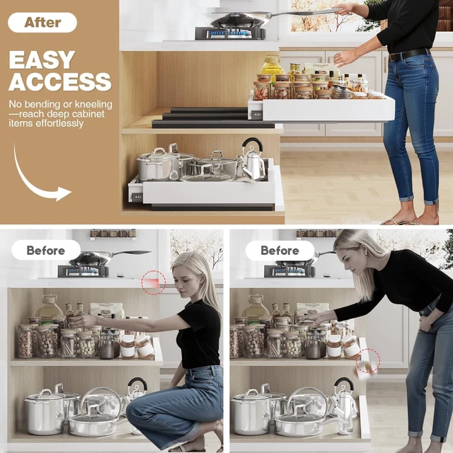 Alt view image 5 of 7 - Pull Out Cabinet Organizer, 4-Side Expandable to Fit Most Cabinets, 3 Rail Slide Out Drawers with Raising Pad for Framed & Frameless Cabinets, 15"-25" W x 17"-24" D, White, 2 Pack
