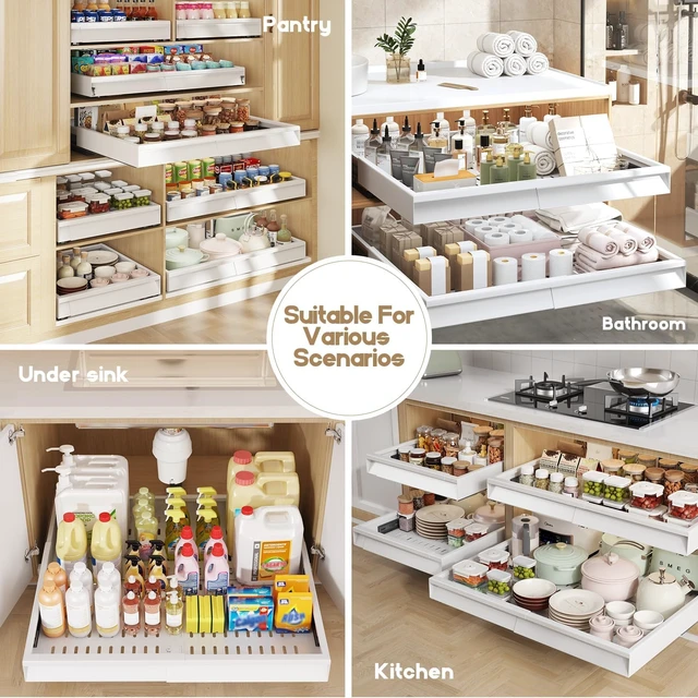 Alt view image 7 of 7 - Pull Out Cabinet Organizer, 4-Side Expandable to Fit Most Cabinets, 3 Rail Slide Out Drawers with Raising Pad for Framed & Frameless Cabinets, 15"-25" W x 17"-24" D, White, 2 Pack