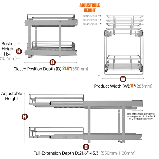 Alt view image 5 of 6 - 2-Tier Cabinet Pull Out Shelves, 11" W x 22" D, Chrome | Heavy-Gauge Wire Kitchen Cabinet Organizer, 100 lbs Capacity, Ball-Bearing Glides, Min 12" Opening, For Pantry Storage