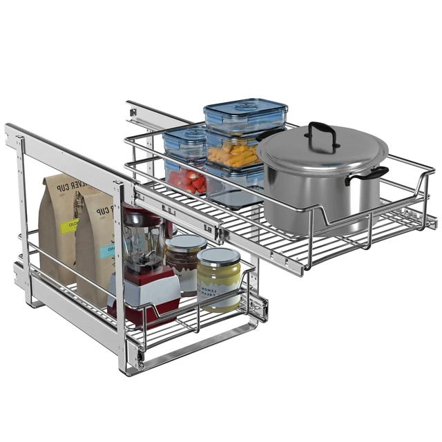 Alt view image 6 of 6 - 2-Tier Cabinet Pull Out Shelves, 11" W x 22" D, Chrome | Heavy-Gauge Wire Kitchen Cabinet Organizer, 100 lbs Capacity, Ball-Bearing Glides, Min 12" Opening, For Pantry Storage