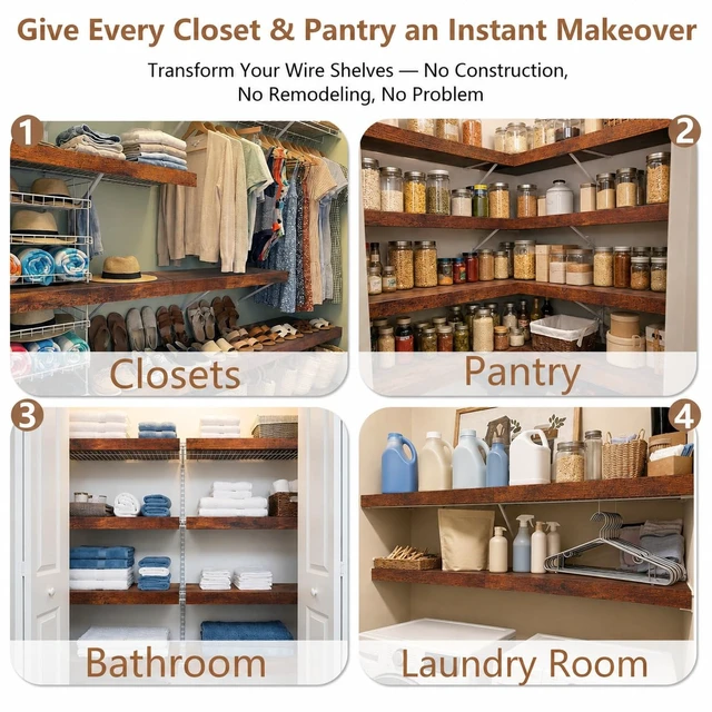 Alt view image 3 of 7 - Wire Shelf Covers for Pantry, Premium Engineered Wood Shelf Covers for Wire Shelving, Wire Rack Covers for Closet, Laundry Room, Easy Assembly, Rustic Brown (5pcs, 24" W x 12" D), Patent Pending