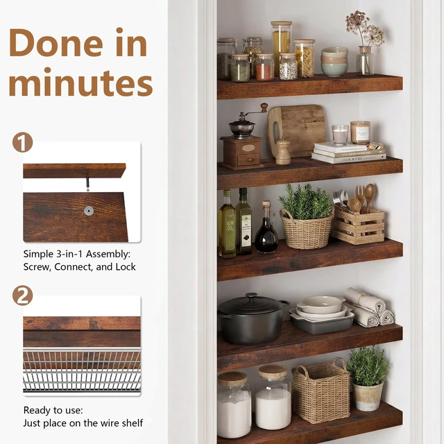 Alt view image 4 of 7 - Wire Shelf Covers for Pantry, Premium Engineered Wood Shelf Covers for Wire Shelving, Wire Rack Covers for Closet, Laundry Room, Easy Assembly, Rustic Brown (5pcs, 24" W x 12" D), Patent Pending