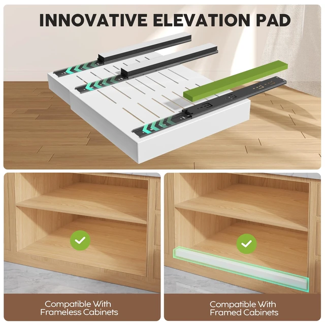 Alt view image 2 of 7 - 4Pack Expandable Pull Out Cabinet Organizer 21"Deep with Raising Pad for Framed Cabinets,Slide Out Drawers with 4pcs Divider Racks,Roll Out Shelves Adhesive,Adjustable Width 12.05"-20.4"White