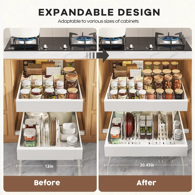 Alt view image 3 of 7 - 4Pack Expandable Pull Out Cabinet Organizer 21"Deep with Raising Pad for Framed Cabinets,Slide Out Drawers with 4pcs Divider Racks,Roll Out Shelves Adhesive,Adjustable Width 12.05"-20.4"White