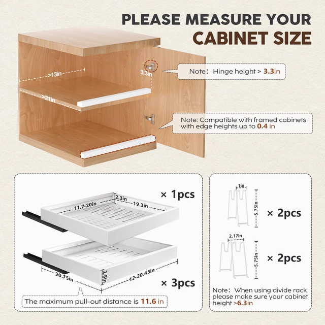 Alt view image 4 of 7 - 4Pack Expandable Pull Out Cabinet Organizer 21"Deep with Raising Pad for Framed Cabinets,Slide Out Drawers with 4pcs Divider Racks,Roll Out Shelves Adhesive,Adjustable Width 12.05"-20.4"White