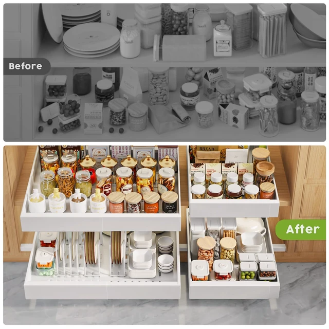 Alt view image 6 of 7 - 4Pack Expandable Pull Out Cabinet Organizer 21"Deep with Raising Pad for Framed Cabinets,Slide Out Drawers with 4pcs Divider Racks,Roll Out Shelves Adhesive,Adjustable Width 12.05"-20.4"White
