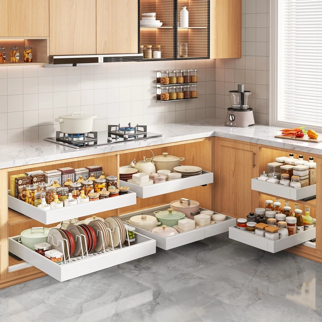 Alt view image 7 of 7 - 4Pack Expandable Pull Out Cabinet Organizer 21"Deep with Raising Pad for Framed Cabinets,Slide Out Drawers with 4pcs Divider Racks,Roll Out Shelves Adhesive,Adjustable Width 12.05"-20.4"White
