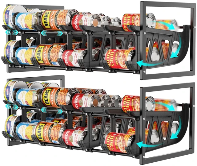 Main image of Pantry Can Organizer - Auto-Rolling, Expandable, Holds 120 Cans | Stackable For Walk-in Deep Pantry Shelf, Adjustable Width for Food Cans, Sturdy Metal Frame, Easy Access & Restocking, Black