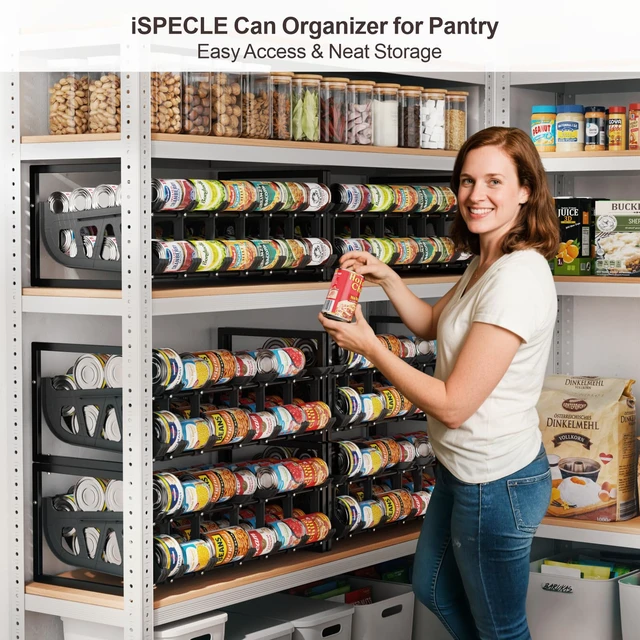 Alt view image 2 of 7 - Pantry Can Organizer - Auto-Rolling, Expandable, Holds 120 Cans | Stackable For Walk-in Deep Pantry Shelf, Adjustable Width for Food Cans, Sturdy Metal Frame, Easy Access & Restocking, Black