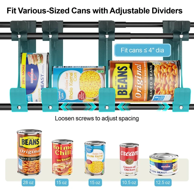 Alt view image 3 of 7 - Pantry Can Organizer - Auto-Rolling, Expandable, Holds 120 Cans | Stackable For Walk-in Deep Pantry Shelf, Adjustable Width for Food Cans, Sturdy Metal Frame, Easy Access & Restocking, Black