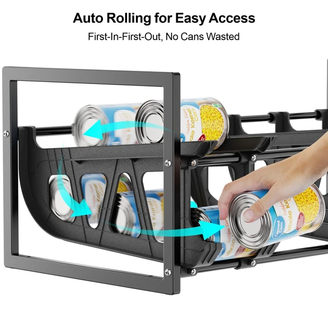Alt view image 4 of 7 - Pantry Can Organizer - Auto-Rolling, Expandable, Holds 120 Cans | Stackable For Walk-in Deep Pantry Shelf, Adjustable Width for Food Cans, Sturdy Metal Frame, Easy Access & Restocking, Black