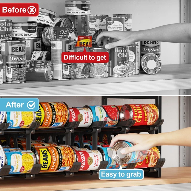 Alt view image 7 of 7 - Pantry Can Organizer - Auto-Rolling, Expandable, Holds 120 Cans | Stackable For Walk-in Deep Pantry Shelf, Adjustable Width for Food Cans, Sturdy Metal Frame, Easy Access & Restocking, Black