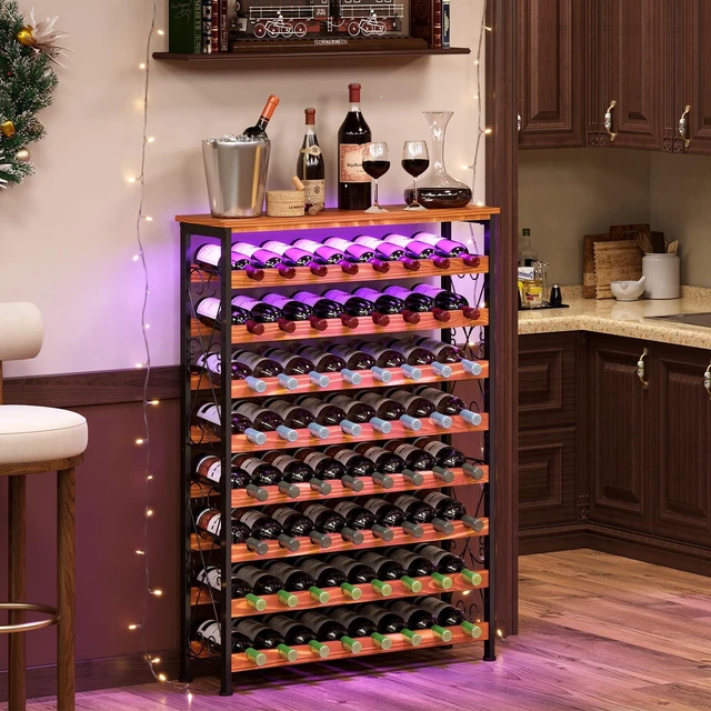 Main image of 64 Bottles Wine Rack Freestanding Floor with 2 in 1 LED Light, Wine Bottle Rack Wine Holder Wine Storage Shelf for Kitchen Bar Pantry, Tall Wine Cabinet Stand Display 31.85''L X 10.6''W X 47.95''H