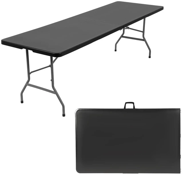 Main image of | 8FT Folding Table | Black | Portable Plastic Table | with Carry Handle | Waterproof & Foldable Table Design | Steel Frame with Lock | for Events, Camping, Indoor & Outdoor Use
