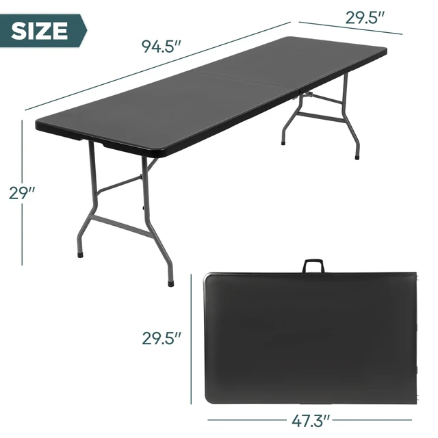 Alt view image 2 of 7 - | 8FT Folding Table | Black | Portable Plastic Table | with Carry Handle | Waterproof & Foldable Table Design | Steel Frame with Lock | for Events, Camping, Indoor & Outdoor Use