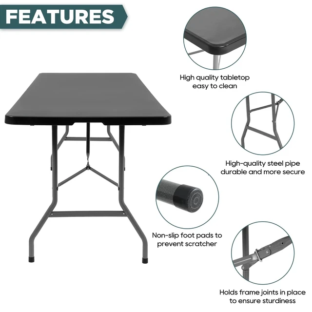 Alt view image 3 of 7 - | 8FT Folding Table | Black | Portable Plastic Table | with Carry Handle | Waterproof & Foldable Table Design | Steel Frame with Lock | for Events, Camping, Indoor & Outdoor Use