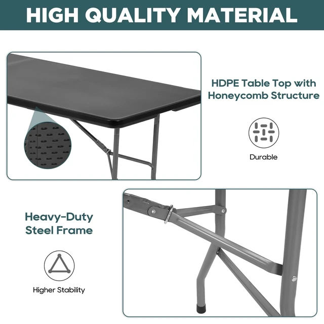 Alt view image 4 of 7 - | 8FT Folding Table | Black | Portable Plastic Table | with Carry Handle | Waterproof & Foldable Table Design | Steel Frame with Lock | for Events, Camping, Indoor & Outdoor Use