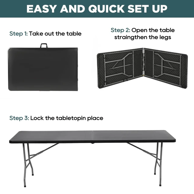 Alt view image 5 of 7 - | 8FT Folding Table | Black | Portable Plastic Table | with Carry Handle | Waterproof & Foldable Table Design | Steel Frame with Lock | for Events, Camping, Indoor & Outdoor Use